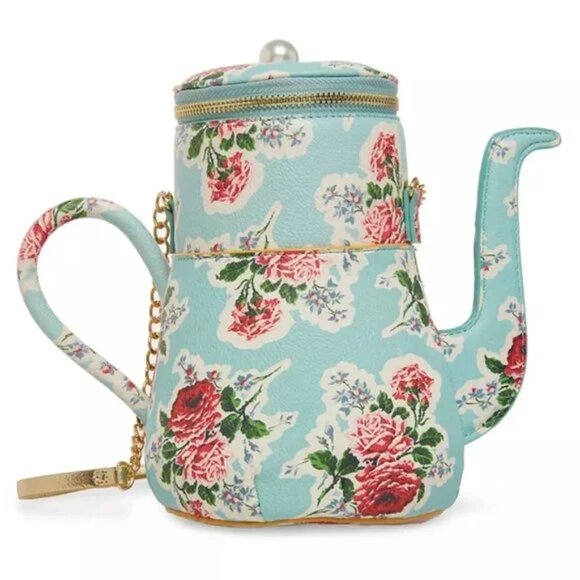 RARE HTF NWT Betsy Johnson Kitsch Partea Teapot Crossbody Bag Light Blue Floral - Picture 2 of 12